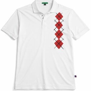 Classic White dry fit, short sleeve, golf Polo Shirt with Red Argyle Design